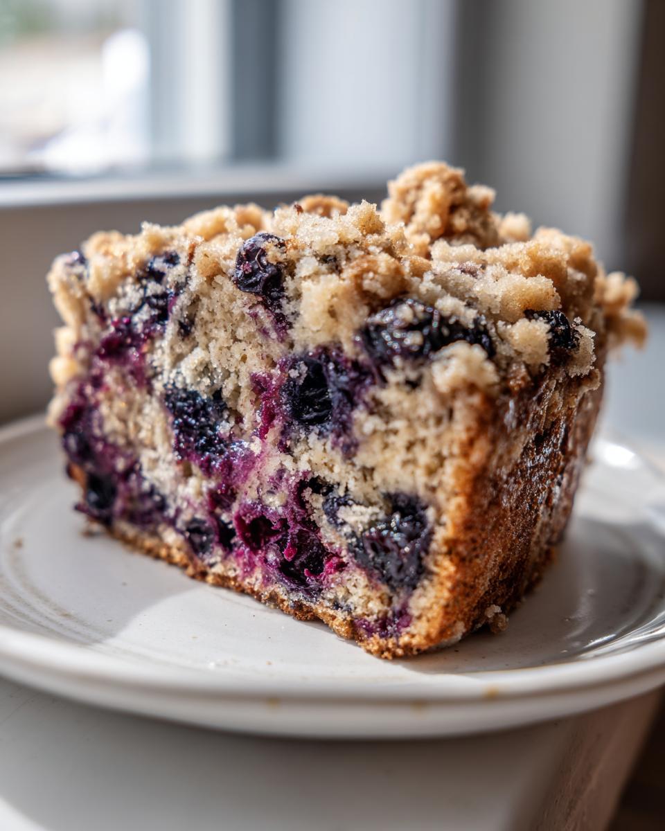 Close-up of a moist slice of blueberry banana bread topped with sweet, crumbly streusel.