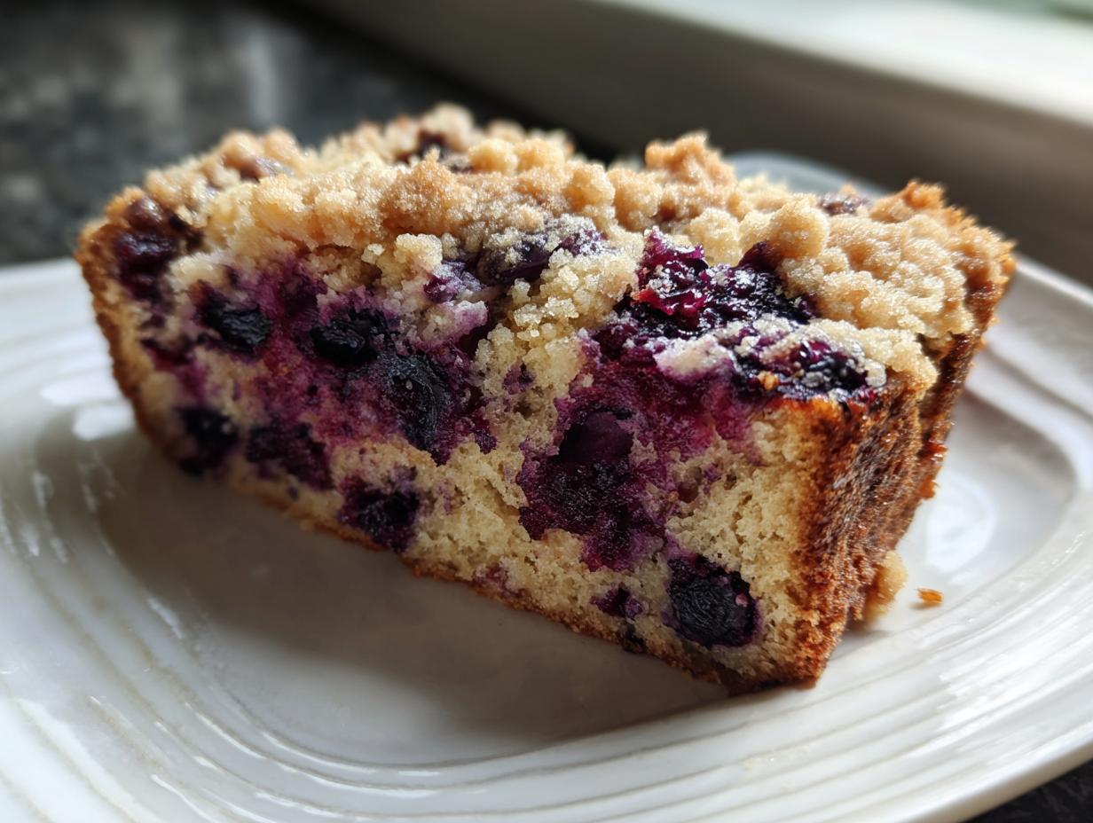 Close-up of a moist slice of blueberry banana bread featuring vibrant purple blueberries and a crunchy streusel topping.