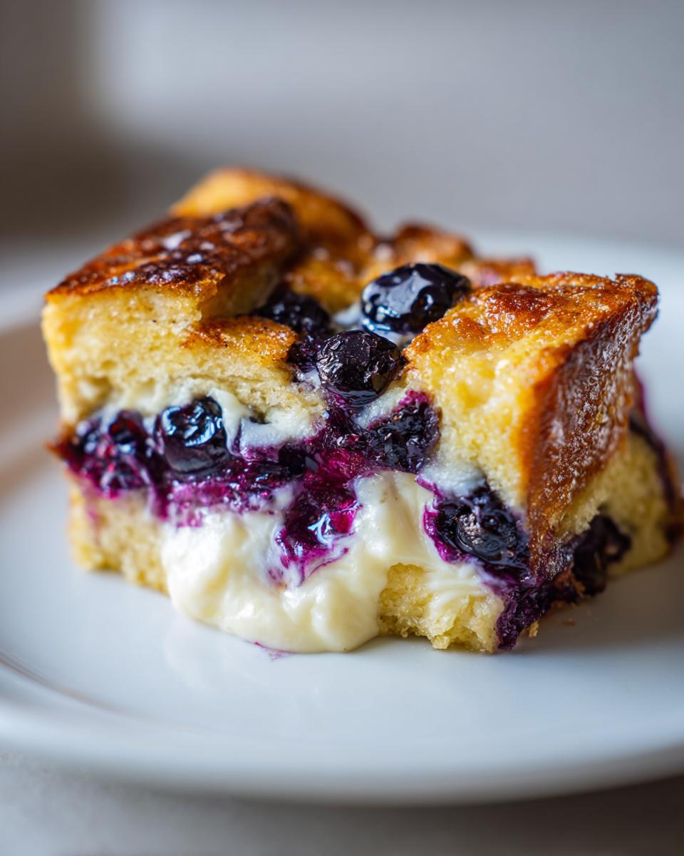 Close-up of a square serving of Blueberry French Toast Casserole with oozing cream cheese filling and baked blueberries.