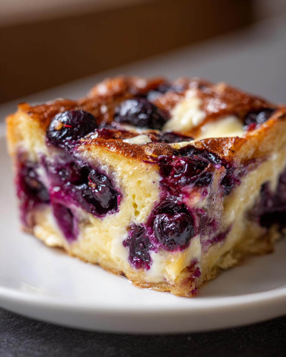 Close-up of a golden-brown slice of Blueberry French Toast Casserole with visible blueberries and creamy filling.