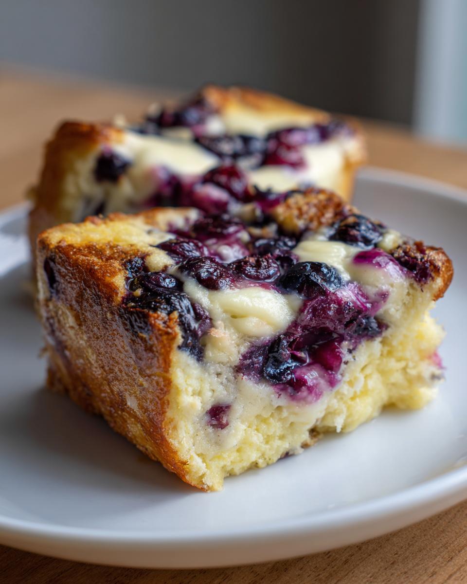 A close-up of a square slice of baked Blueberry French Toast Casserole with visible blueberries and creamy filling.