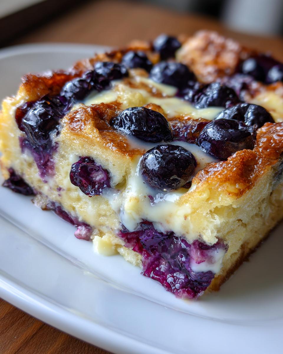 Close-up of a square slice of Blueberry French Toast Casserole, topped with whole blueberries and a creamy vanilla glaze.