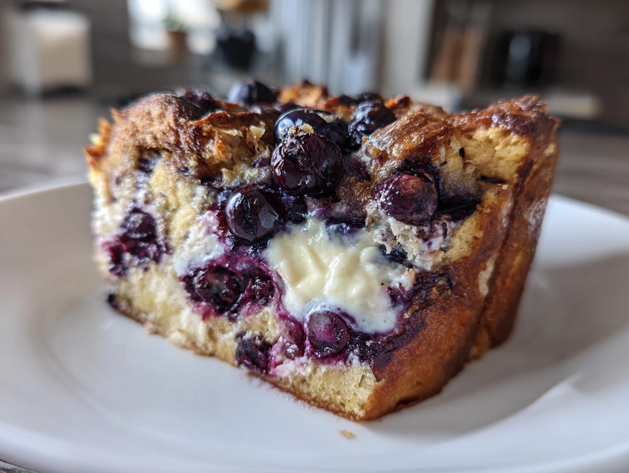 A close-up of a square slice of baked Blueberry French Toast Casserole showing golden crust, baked blueberries, and creamy filling.
