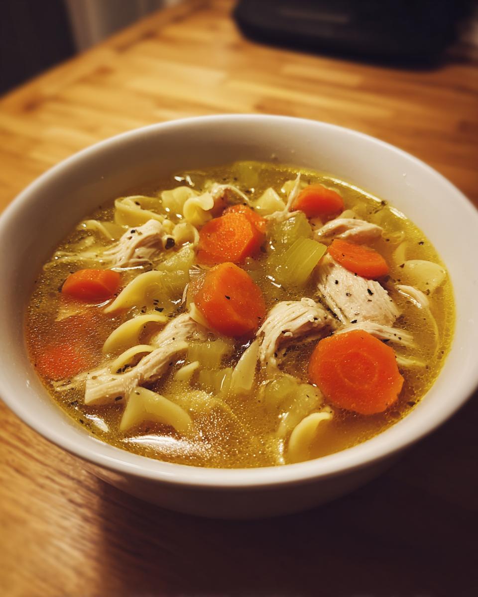 Close-up of a white bowl filled with homemade chicken soup, featuring shredded chicken, egg noodles, carrots, and celery.