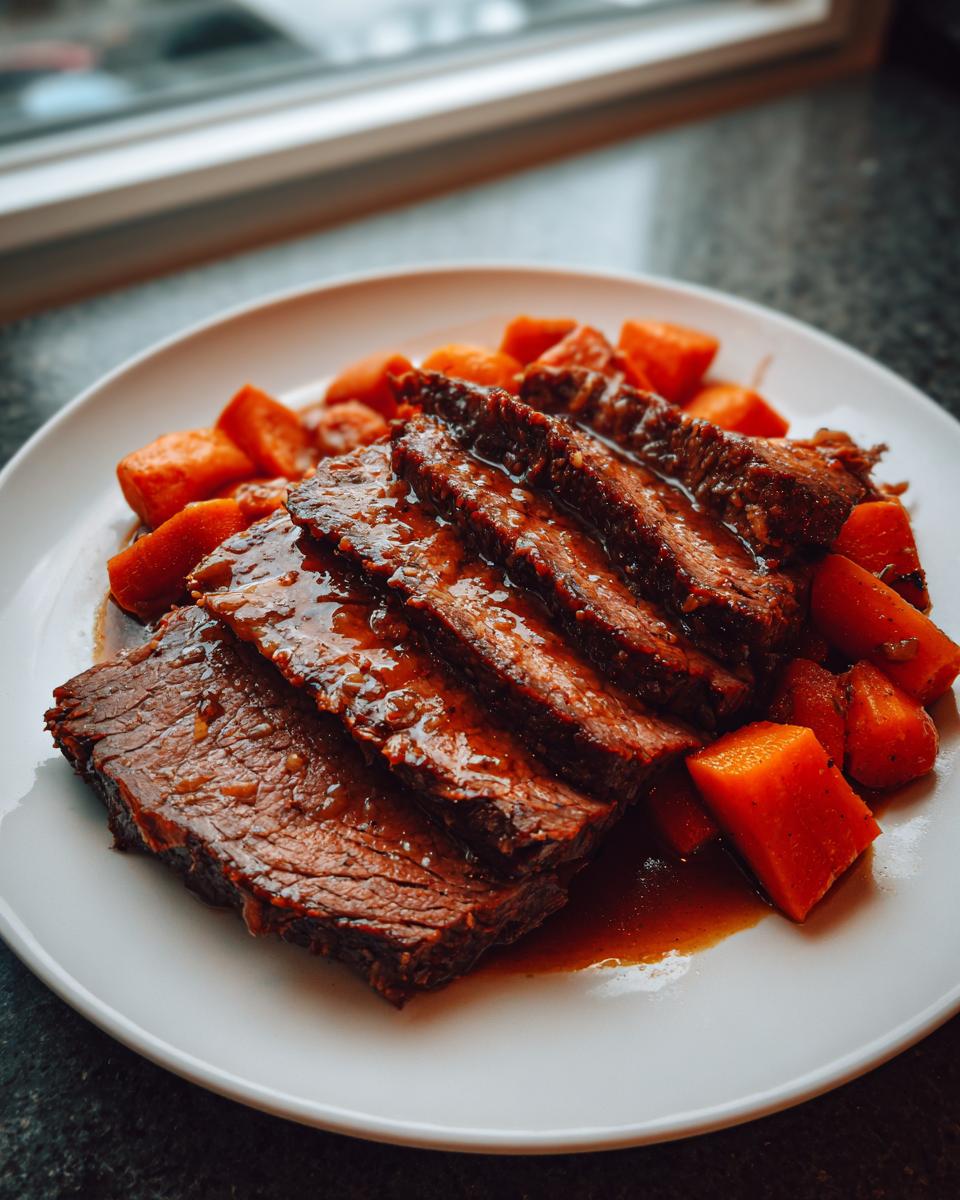 Slices of tender braised beef covered in rich gravy served with roasted carrots, perfect for Sunday dinner ideas.