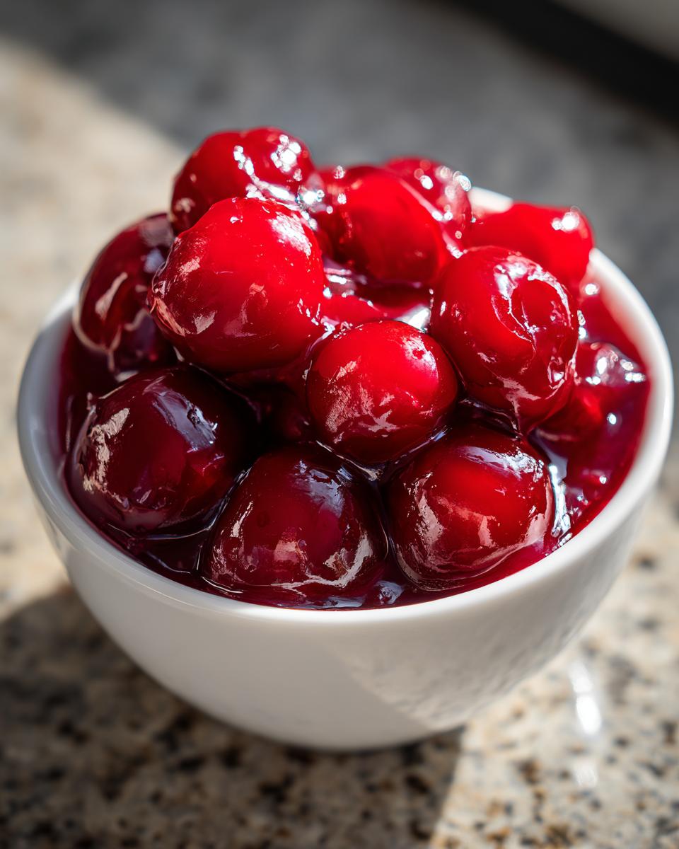 Close-up of glossy, bright red cherry pie filling overflowing from a small white bowl.