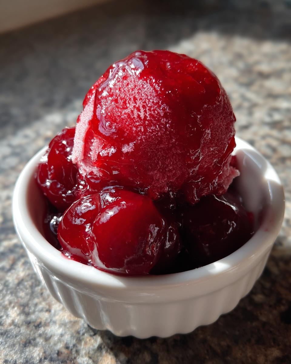 Close-up of a scoop of bright red, glistening cherry pie filling, partially frozen, served in a small white ramekin.