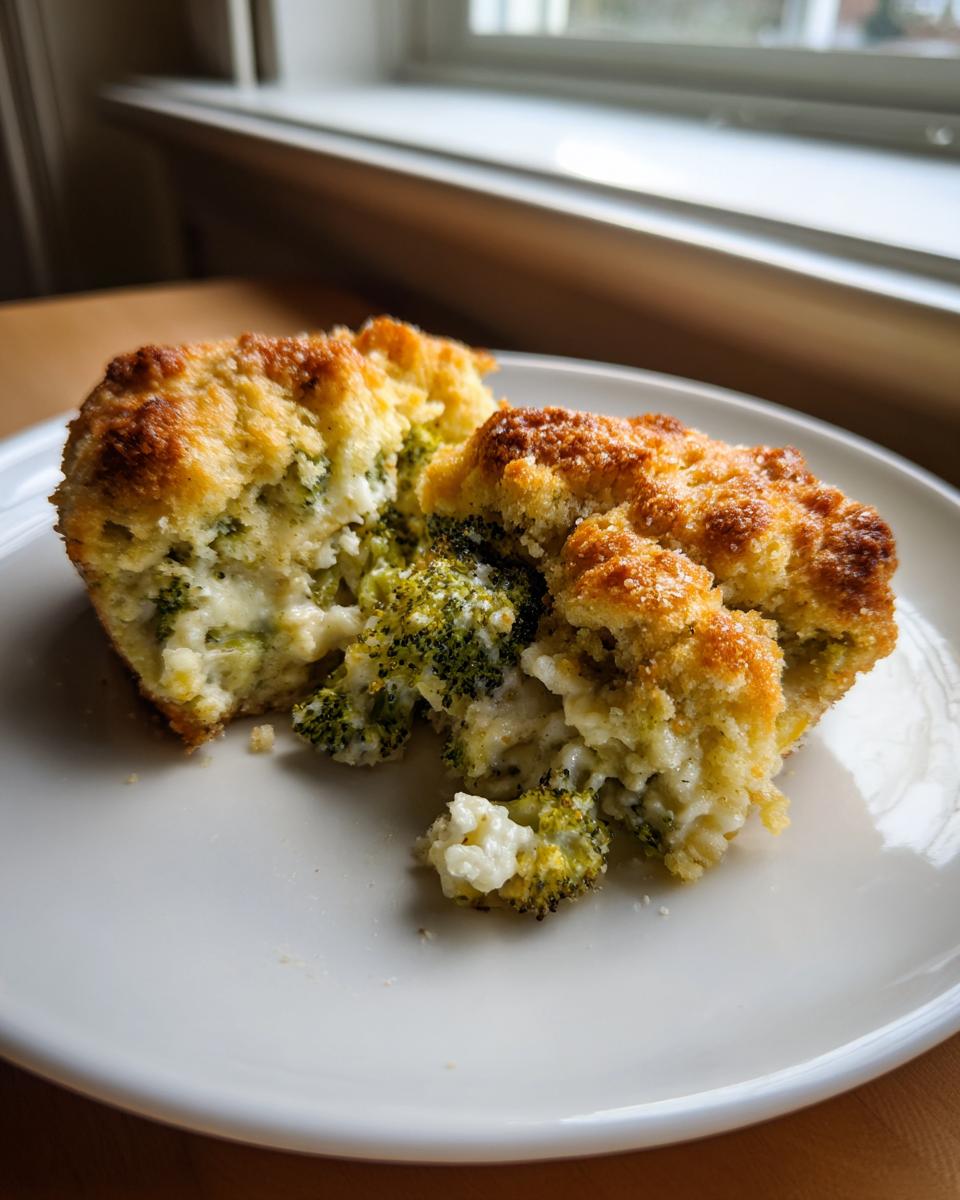 A serving of baked broccoli cheese casserole, showing creamy interior and golden, crispy topping, served on a white plate.