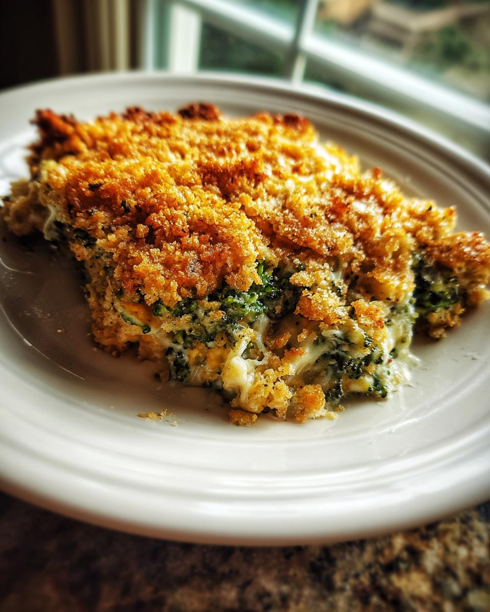 A close-up serving of creamy broccoli cheese casserole topped with a golden, crunchy breadcrumb crust.