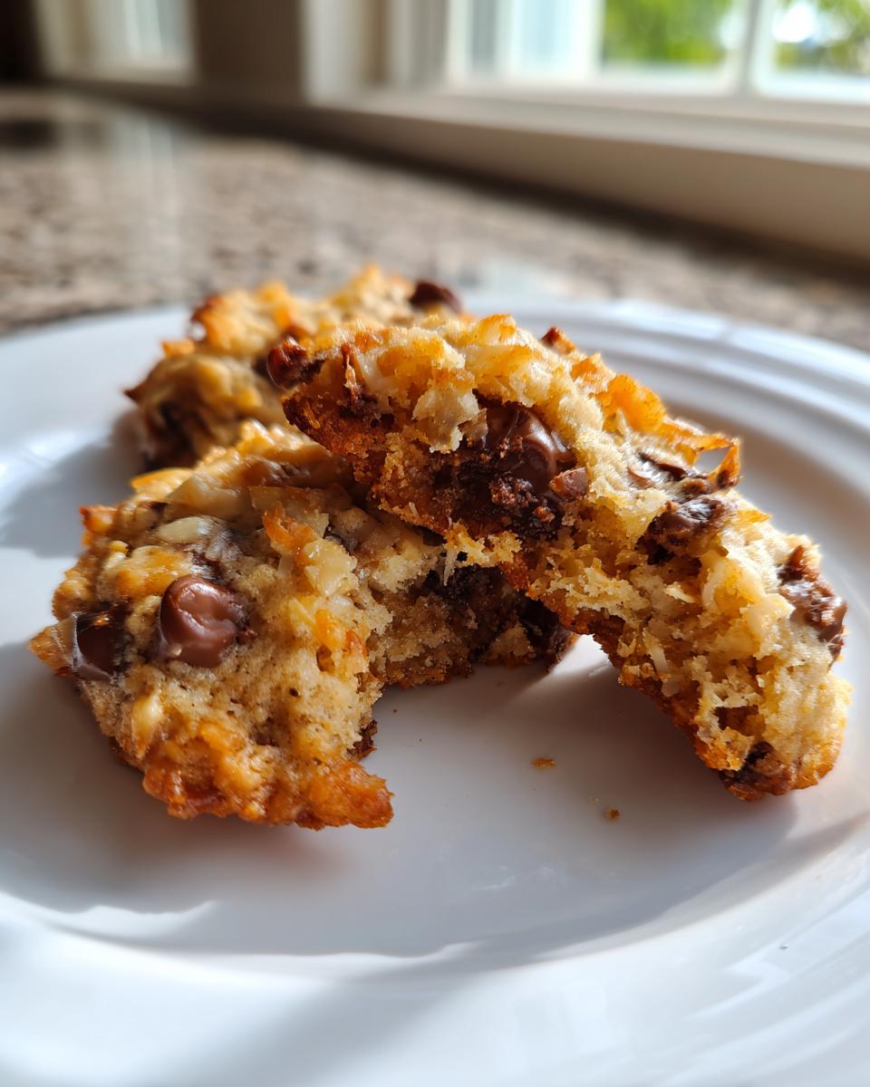 A close-up of broken almond joy cookies showing moist interior, coconut flakes, and melted chocolate chips on a white plate.