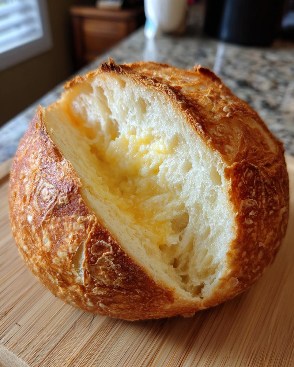 Close-up of a freshly baked bread bowl, cut open to show the soft, airy interior slathered with melted butter.