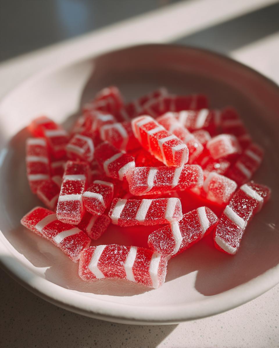 A pile of bright red, sugar-coated Candy Cane Fireball Gummies with white stripes in a light-colored bowl.