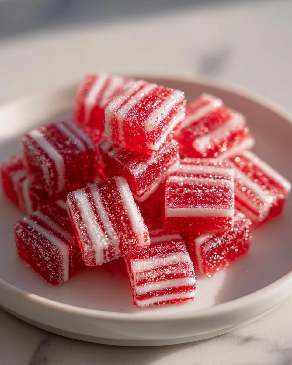 Close-up of sparkling, sugar-coated Candy Cane Fireball Gummies stacked on a white plate.