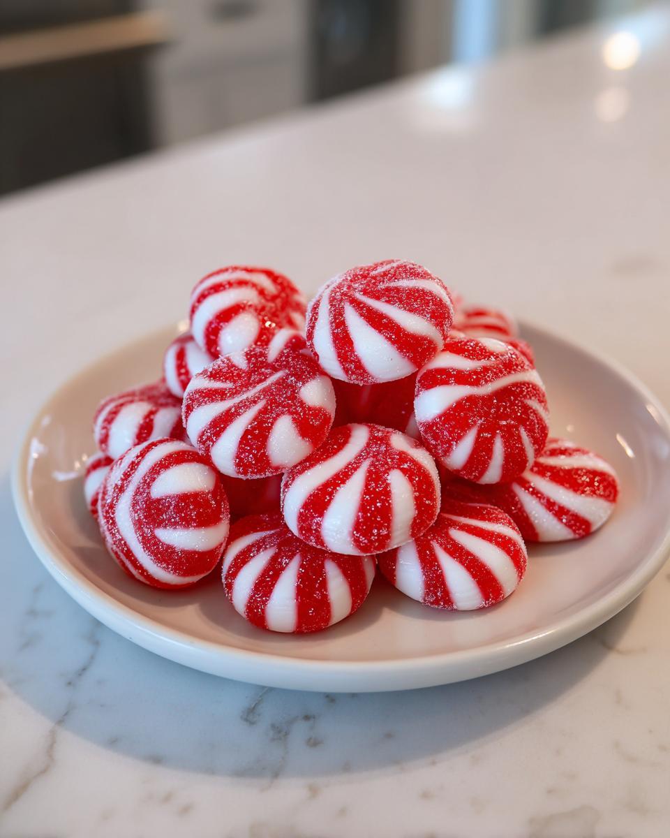 A small pile of red and white striped, sugar-coated Candy Cane Fireball Gummies on a light plate.