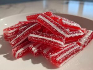 Close-up of a pile of sugary, red and white striped Candy Cane Fireball Gummies resting on a white plate.