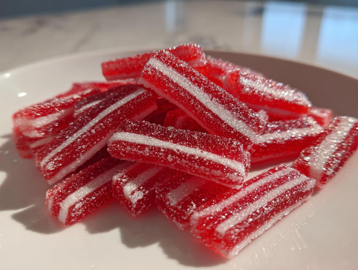 Close-up of a pile of sugary, red and white striped Candy Cane Fireball Gummies resting on a white plate.