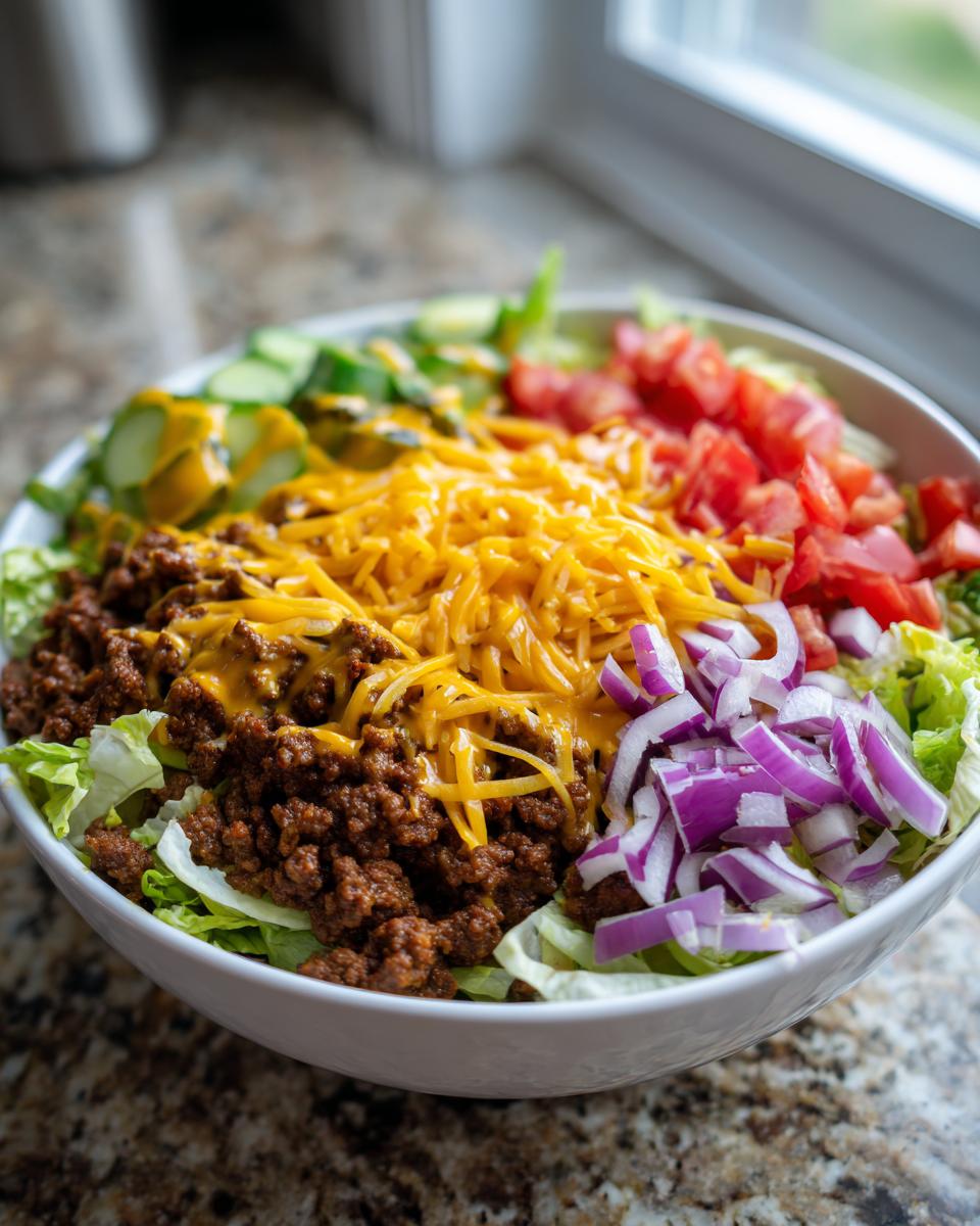 A close-up of a delicious cheeseburger bowl featuring seasoned ground beef, shredded cheddar cheese, lettuce, tomatoes, and red onions.