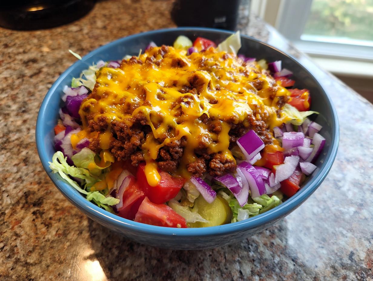 A vibrant cheeseburger bowl featuring seasoned ground beef, melted cheddar cheese, lettuce, tomatoes, and red onions.