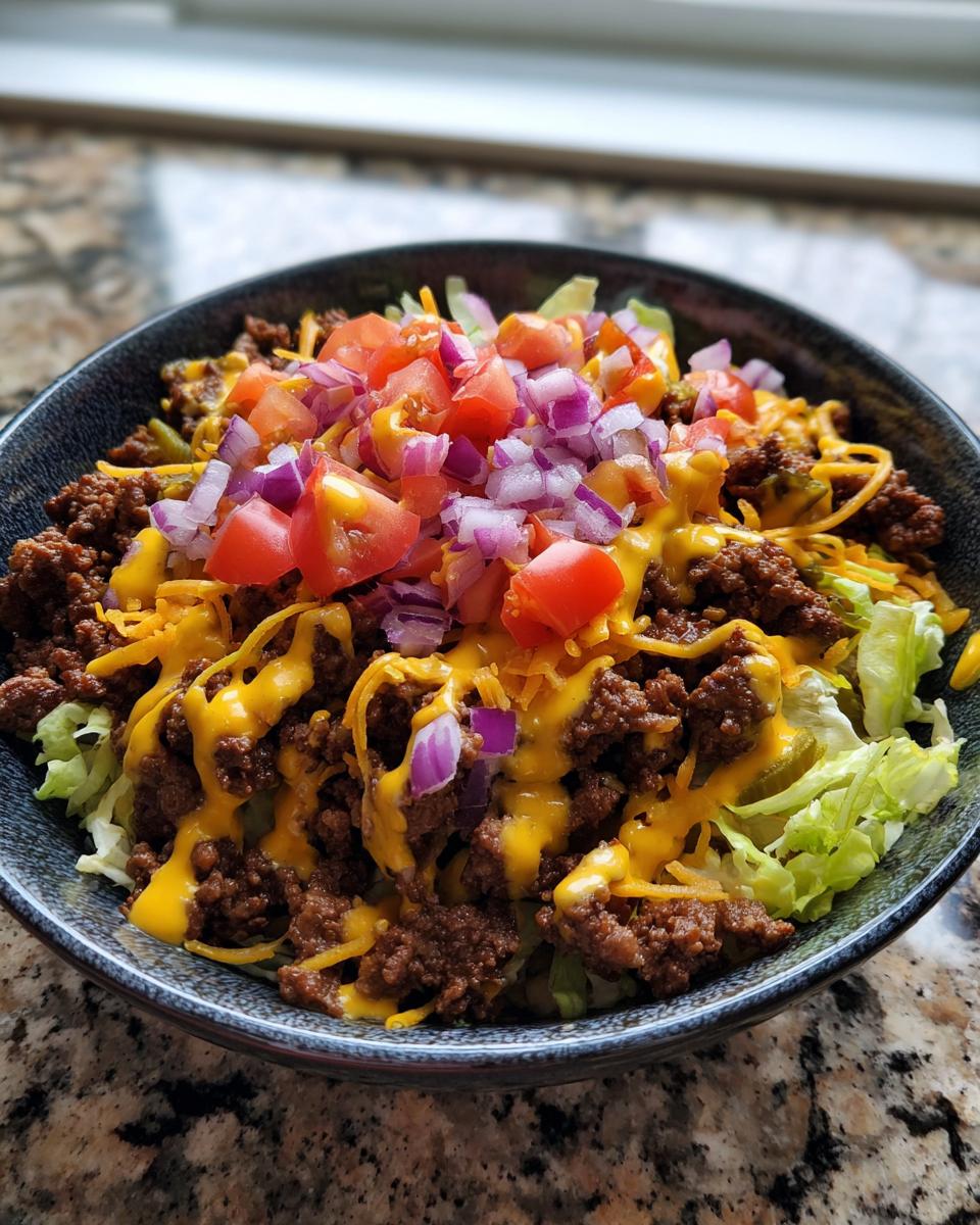 A close-up of a delicious cheeseburger bowl featuring seasoned ground beef, shredded lettuce, melted cheese sauce, diced tomatoes, and red onion.