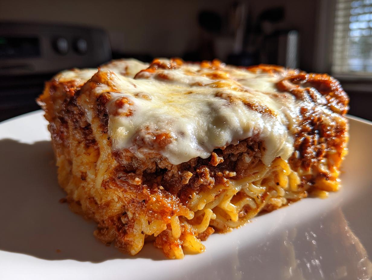 A thick, square slice of baked spaghetti pie with layers of pasta, meat sauce, and melted mozzarella cheese on top.