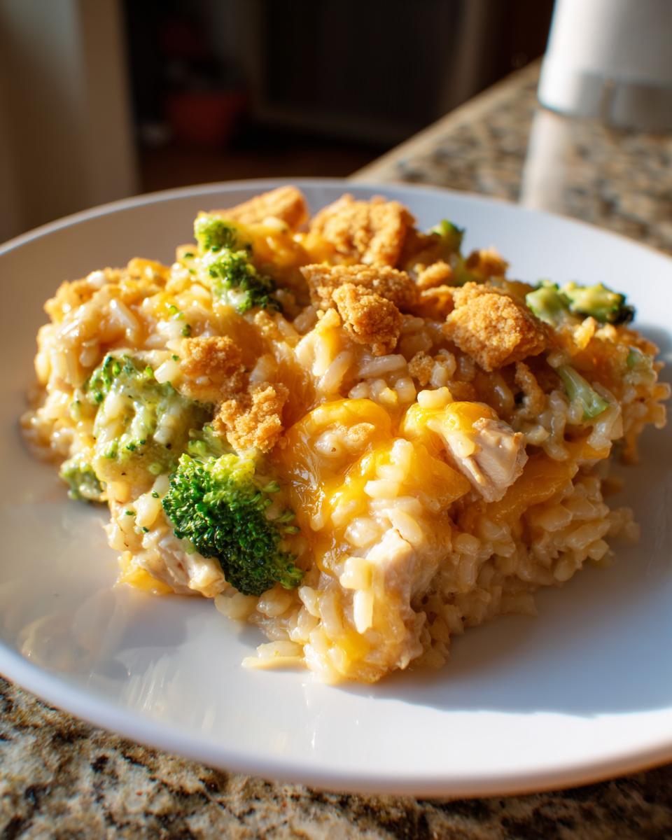 A close-up serving of cheesy chicken and broccoli rice casserole topped with crunchy breadcrumbs on a white plate.