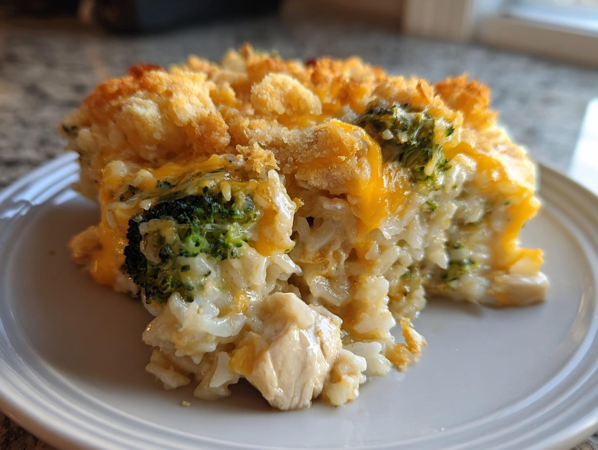 A close-up serving of cheesy chicken and broccoli rice casserole with a golden, crunchy topping.