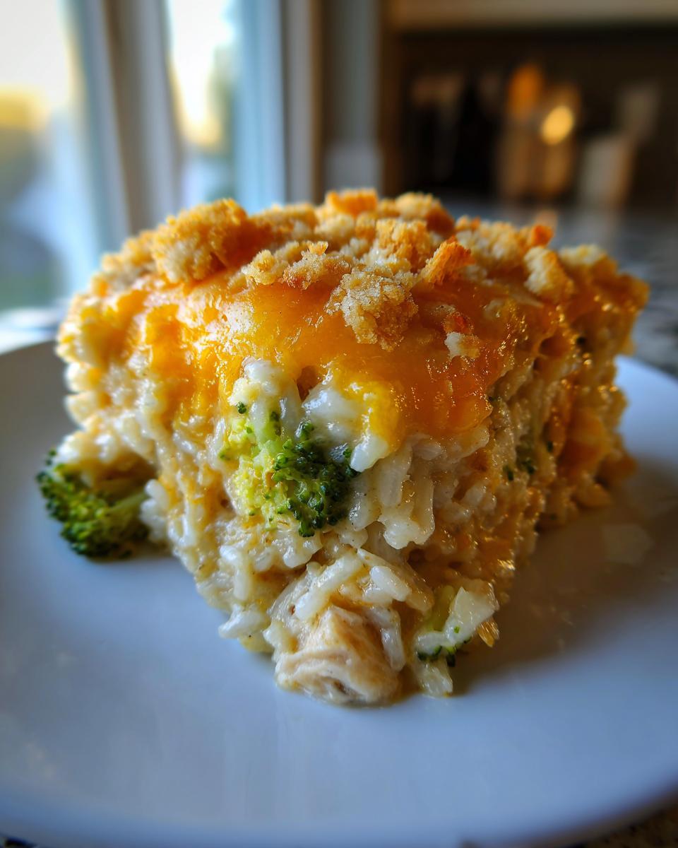 A close-up serving of creamy rice casserole with broccoli florets, chicken pieces, melted cheddar cheese, and a crunchy breadcrumb topping.