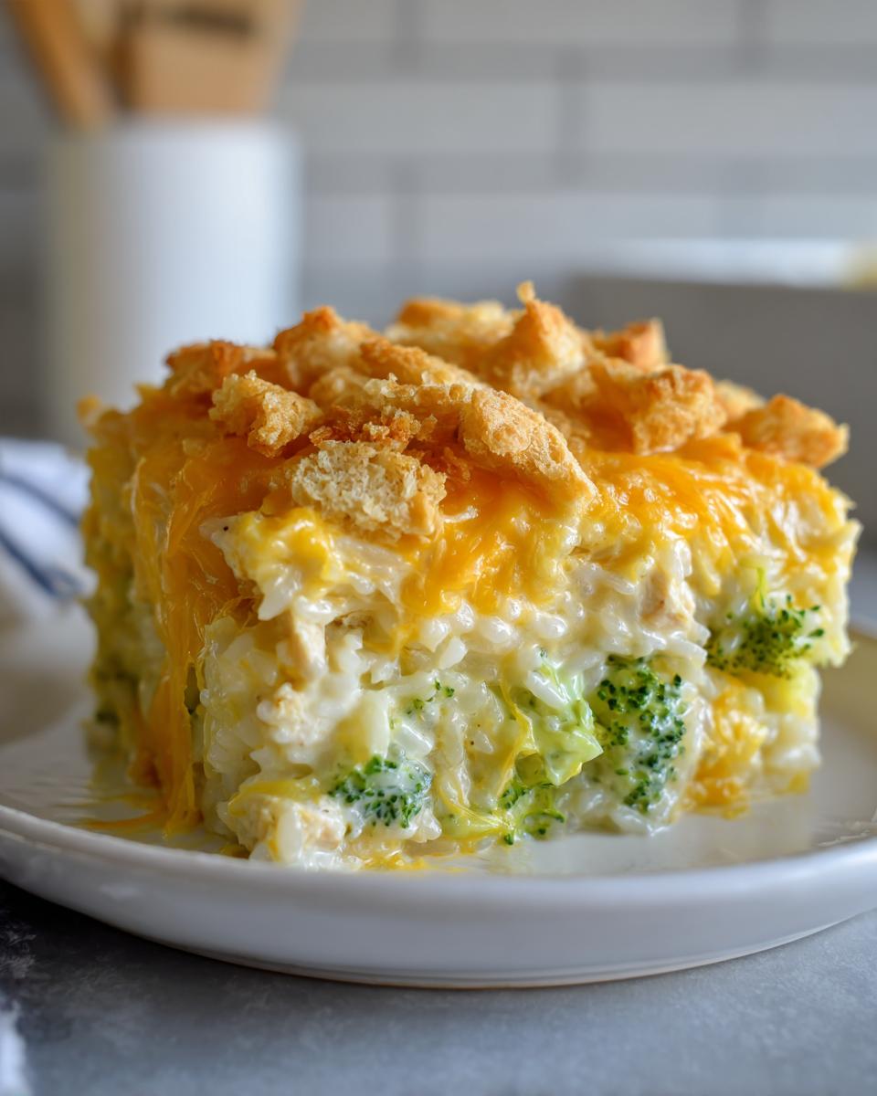A close-up slice of creamy rice casserole with broccoli, melted cheddar cheese, and a crunchy topping.