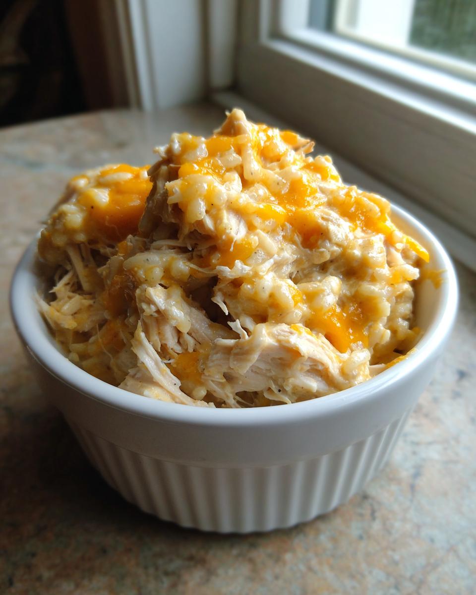 A white ramekin filled with creamy shredded chicken and rice casserole topped with melted cheddar cheese.