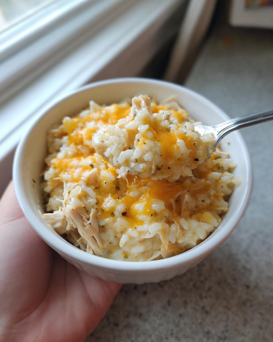 A hand holds a small white bowl filled with cheesy chicken and rice casserole, with a spoonful being lifted out.