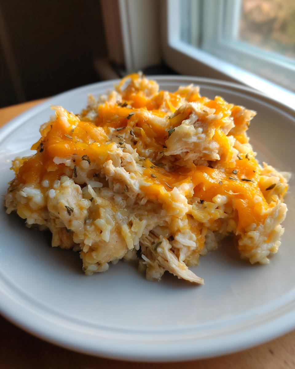 A close-up serving of cheesy chicken and rice topped with melted orange cheddar cheese and herbs.