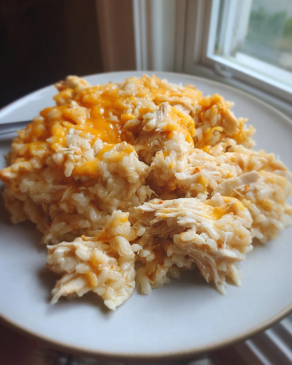 A close-up of a serving of creamy, cheesy chicken and rice topped with melted cheddar cheese on a light plate.