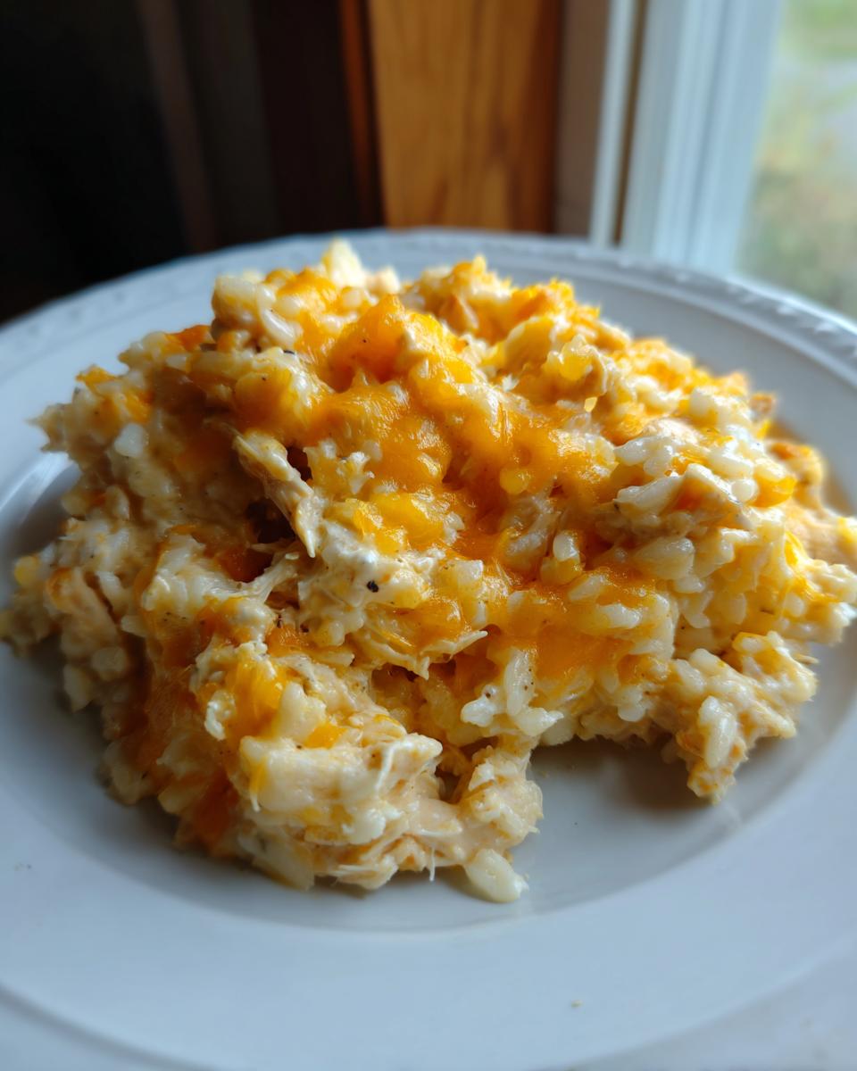 A close-up serving of creamy, baked cheesy chicken and rice topped with melted cheddar cheese on a white plate.