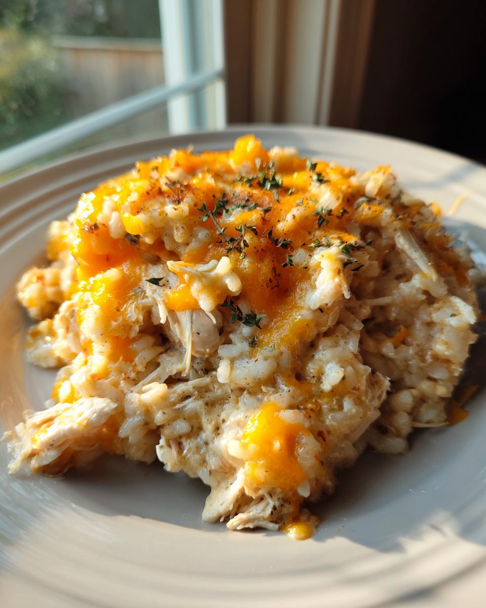 A close-up serving of creamy cheesy chicken and rice topped with melted orange cheddar cheese and fresh thyme.