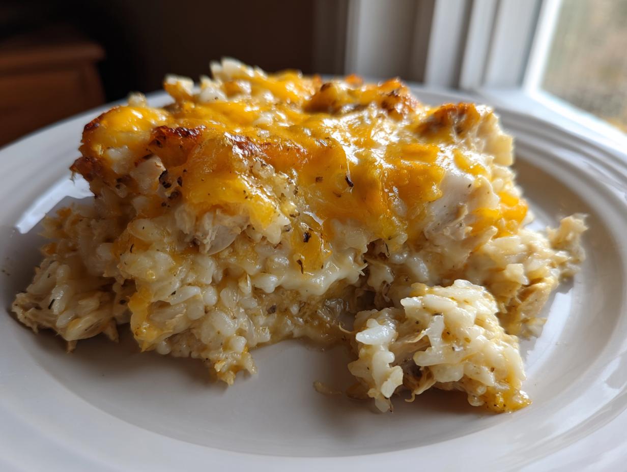 A close-up serving of cheesy chicken and rice casserole topped with melted cheddar cheese.