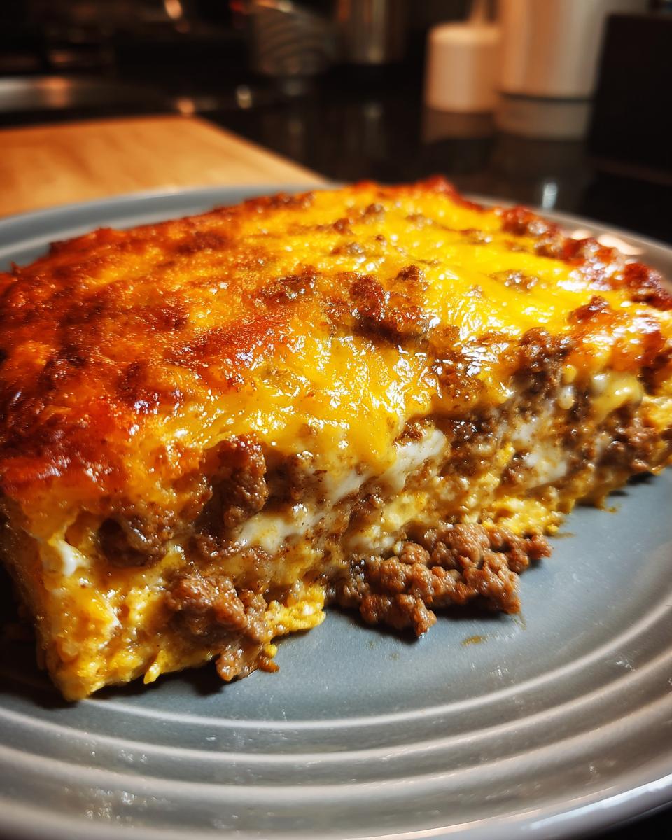 A close-up, appetizing slice of Dorito Casserole featuring layers of seasoned ground beef and melted, bubbly cheddar cheese.