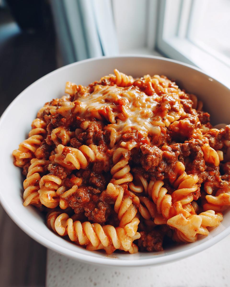 A close-up of a white bowl filled with cheesy enchilada pasta made with rotini noodles and a rich meat sauce.