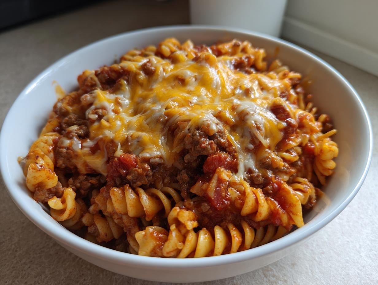 Close-up of a white bowl filled with cheesy enchilada pasta, featuring rotini noodles, meat sauce, and melted cheddar cheese.