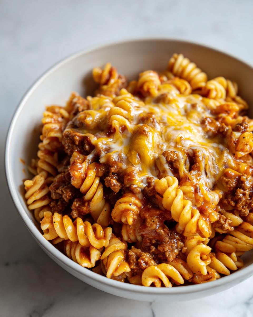 Close-up of a bowl of enchilada pasta made with rotini noodles, ground meat sauce, and melted cheese topping.