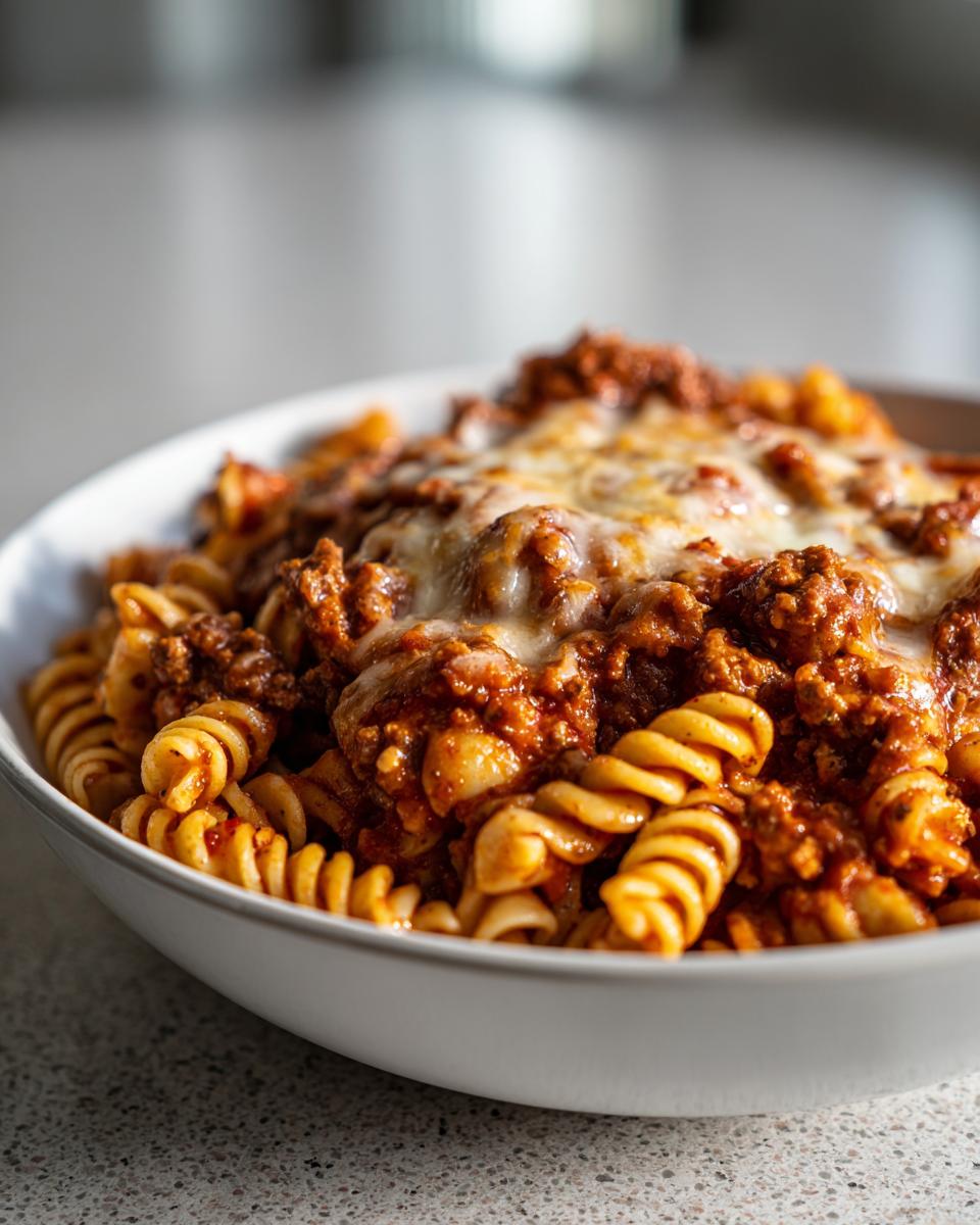 Close-up of a white bowl filled with rotini pasta mixed in a rich sauce, topped with melted cheese, ready to eat enchilada pasta.