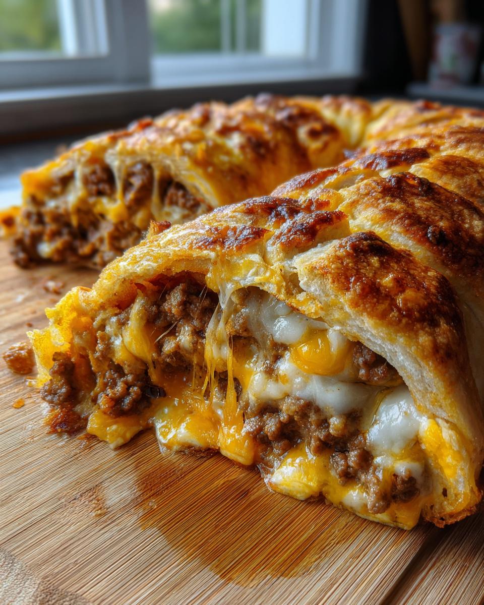 Close-up of baked garbage bread slice showing gooey melted cheese and seasoned ground meat filling.