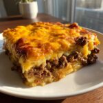 A hearty serving of cheesy ground beef and potato casserole with a golden, melted cheese topping.