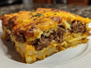 Close-up of a hearty slice of cheesy ground beef and potato casserole with a golden-brown cheese topping.