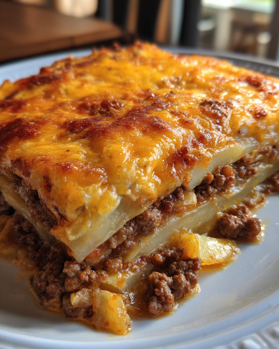 A close-up slice of cheesy ground beef and potato casserole showing layers of meat, potatoes, and melted cheese topping.
