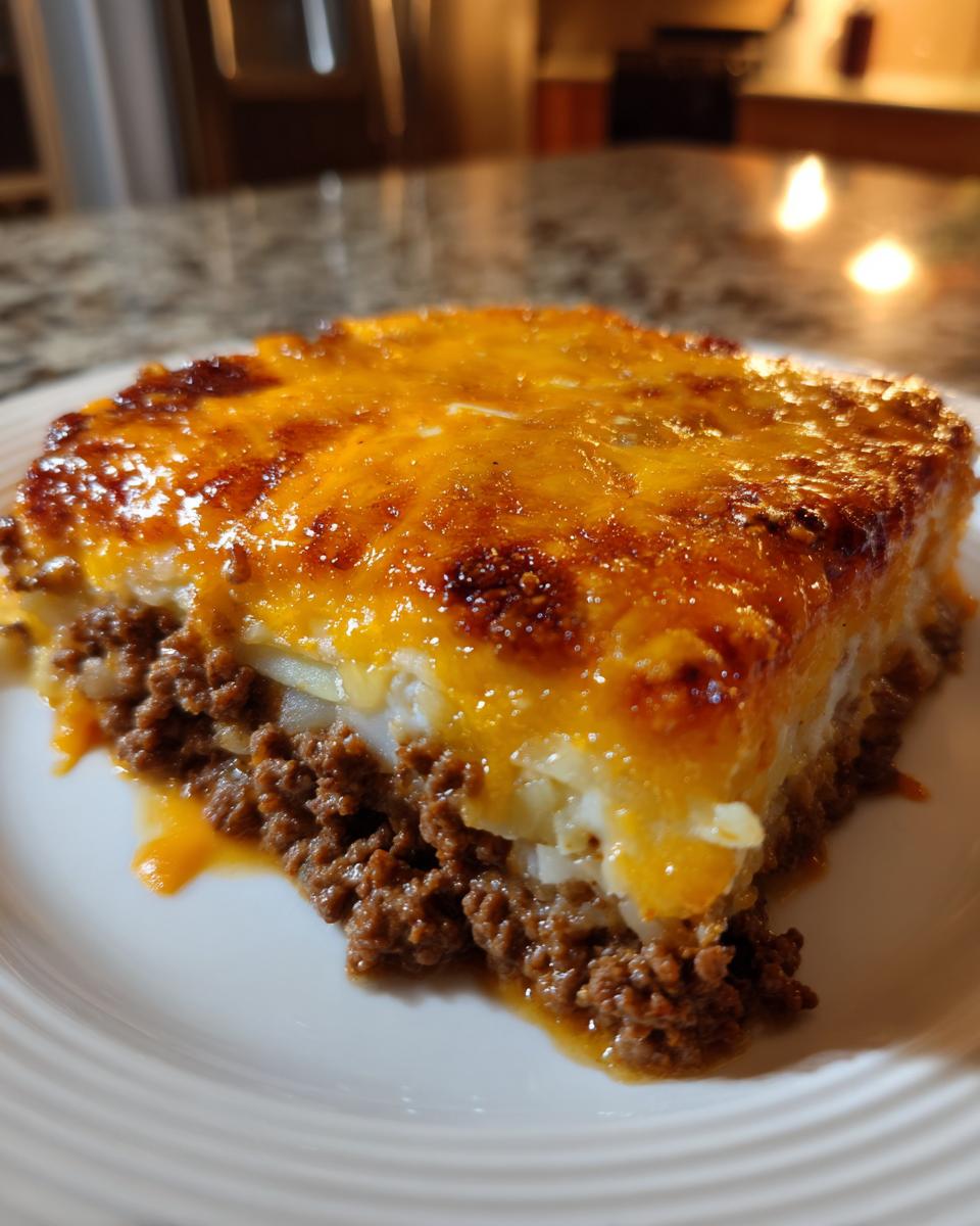 A close-up slice of cheesy ground beef and potato casserole with a melted, browned cheddar topping.