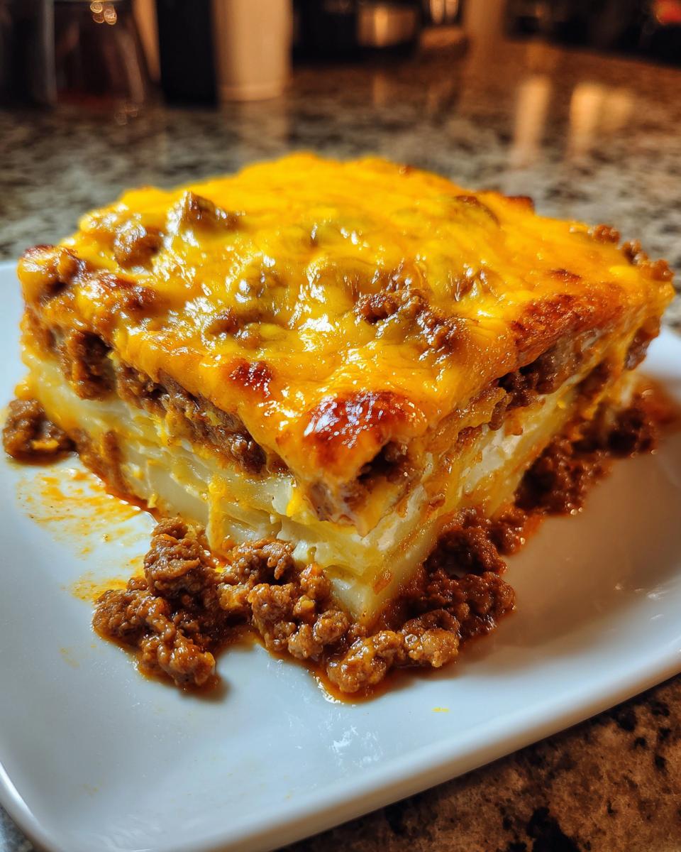 A square slice of cheesy ground beef and potato casserole with melted cheddar cheese on top.