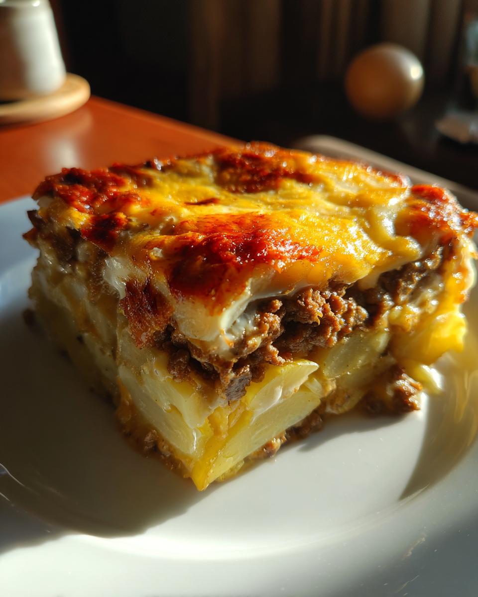 Close-up of a hearty slice of cheesy ground beef and potato casserole with a golden-brown, bubbly cheese topping.