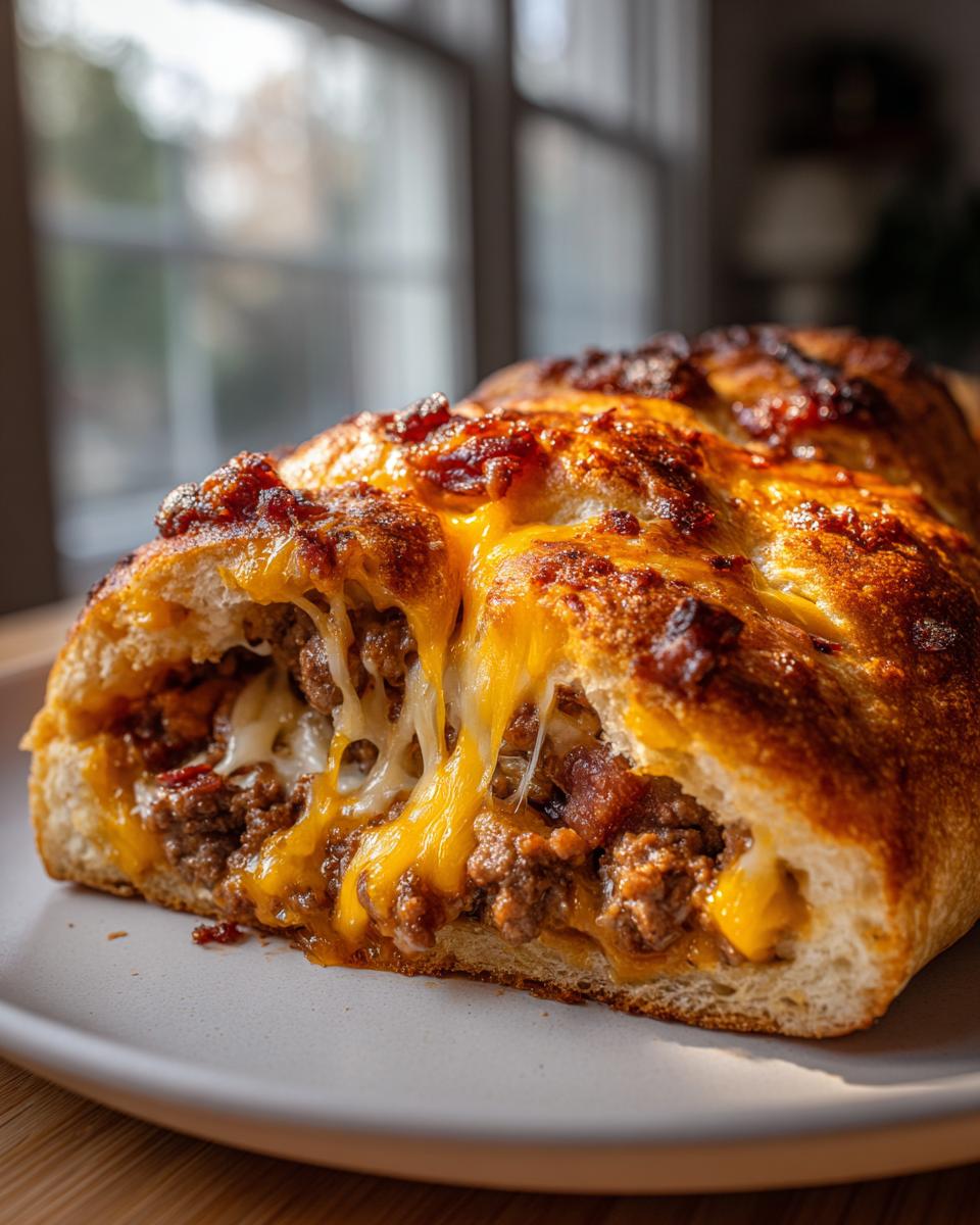 A cross-section view of homemade garbage bread stuffed with ground meat and dripping with melted cheddar and mozzarella cheese.