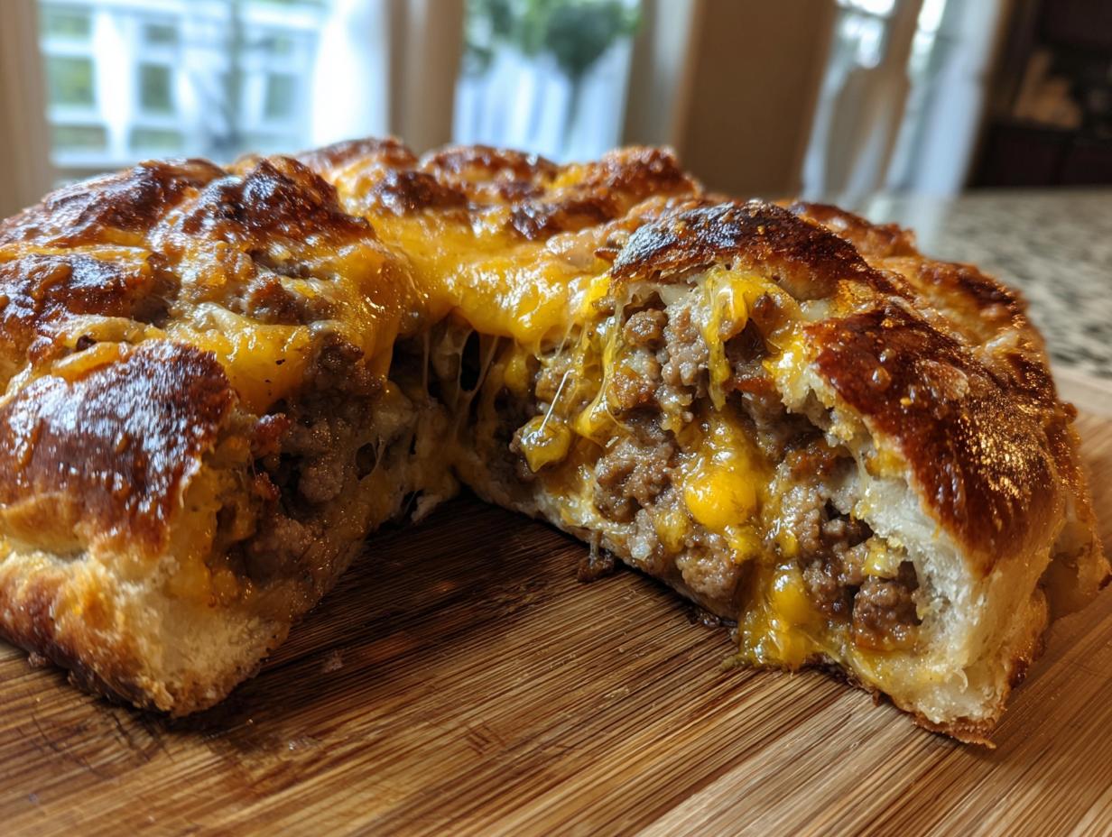 A cross-section view of baked garbage bread showing a rich, cheesy ground meat filling oozing out.