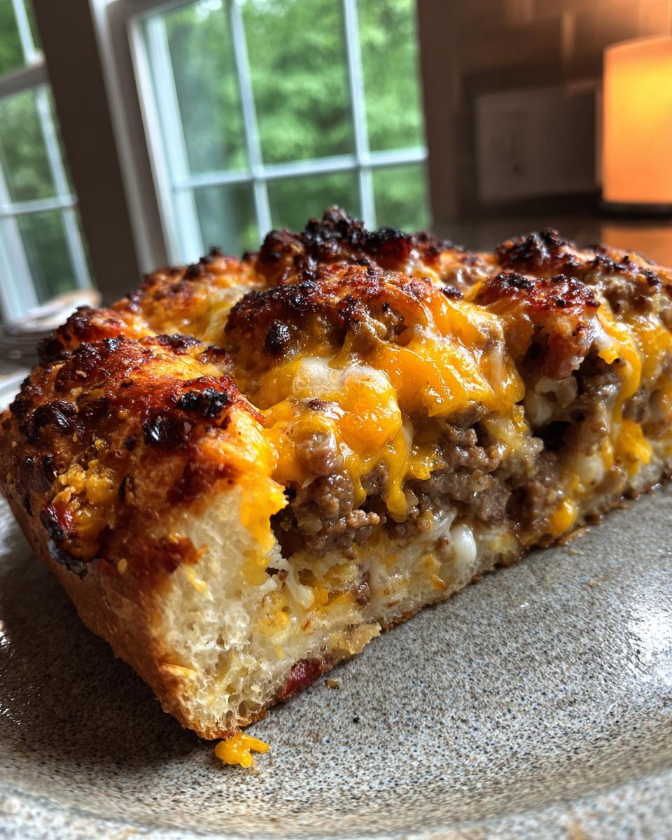 A close-up cross-section of a slice of garbage bread showing a thick layer of browned ground meat and melted cheddar cheese on soft bread.